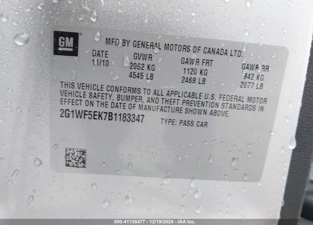 2011 CHEVROLET IMPALA VIN: 2G1WF5EK7B1183347