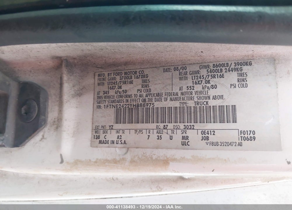 2000 FORD E-250 COMMERCIAL VIN: 1FTNE2422YHB86975