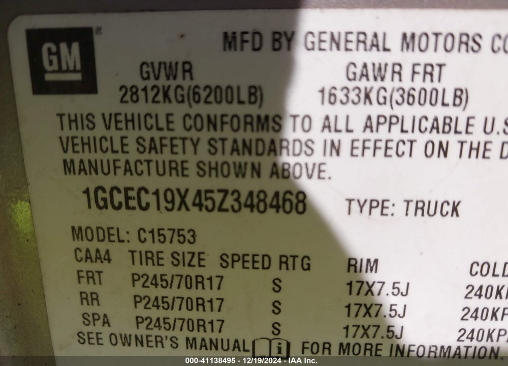 2005 CHEVROLET SILVERADO 1500 VIN: 1GCEC19X45Z348468
