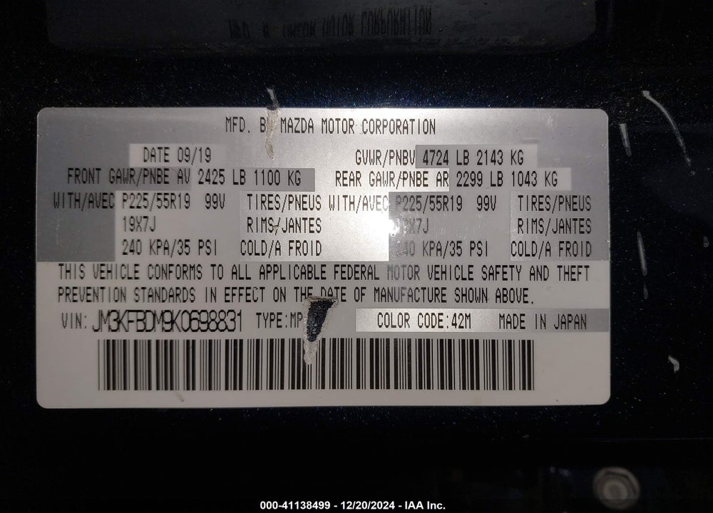 2019 MAZDA CX-5 VIN: JM3KFBDM9K0698831