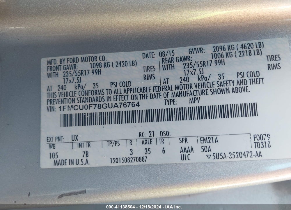 2016 FORD ESCAPE S VIN: 1FMCU0F78GUA76764