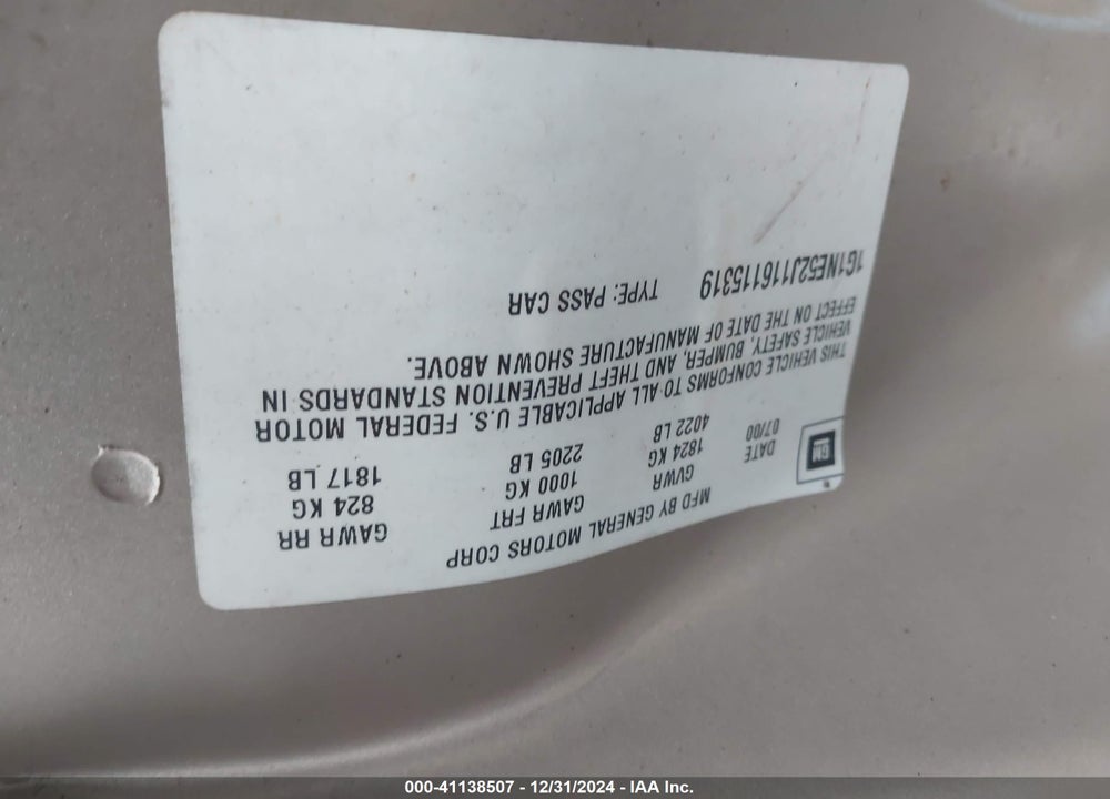 2001 CHEVROLET MALIBU LS VIN: 1G1NE52J116115319
