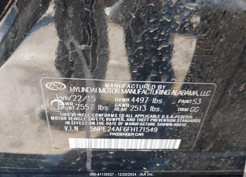 2015 HYUNDAI SONATA SE VIN: 5NPE24AF6FH171549