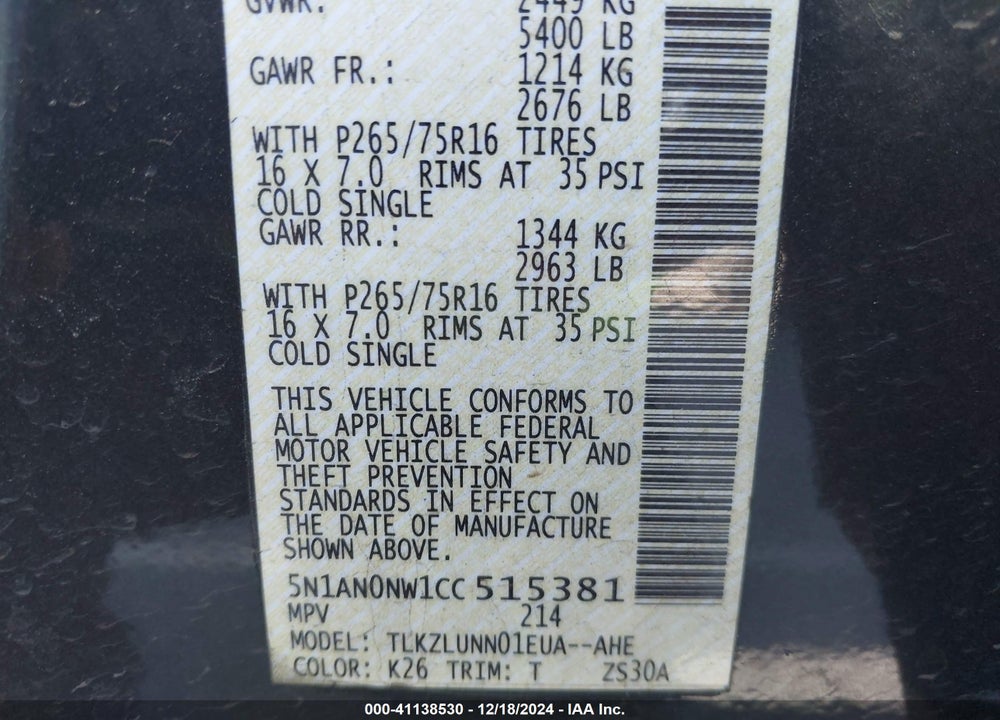 2012 NISSAN XTERRA PRO - 4X VIN: 5N1AN0NW1CC515381