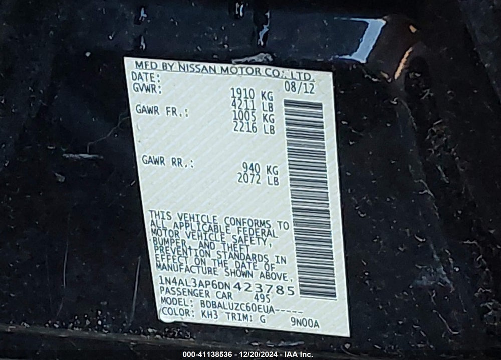 2013 NISSAN ALTIMA VIN: 1N4AL3AP6DN423785