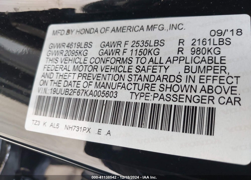 2019 ACURA TLX VIN: 19UUB2F67KA005603