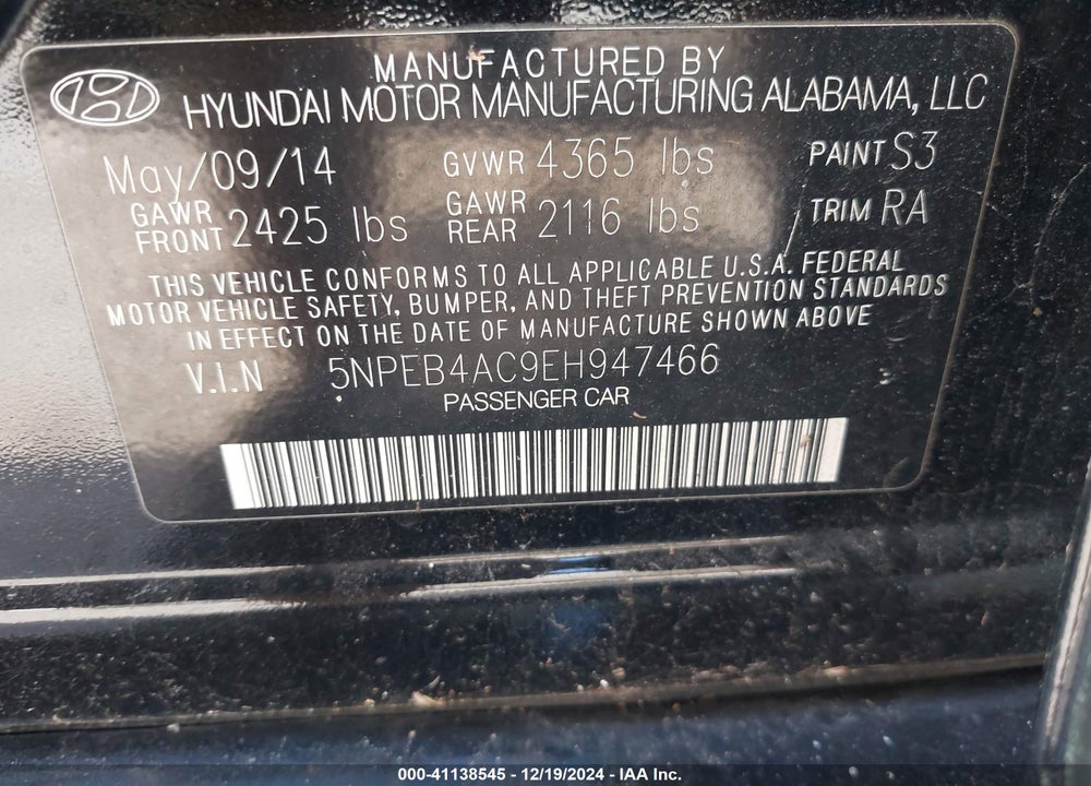 2014 HYUNDAI SONATA GLS VIN: 5NPEB4AC9EH947466