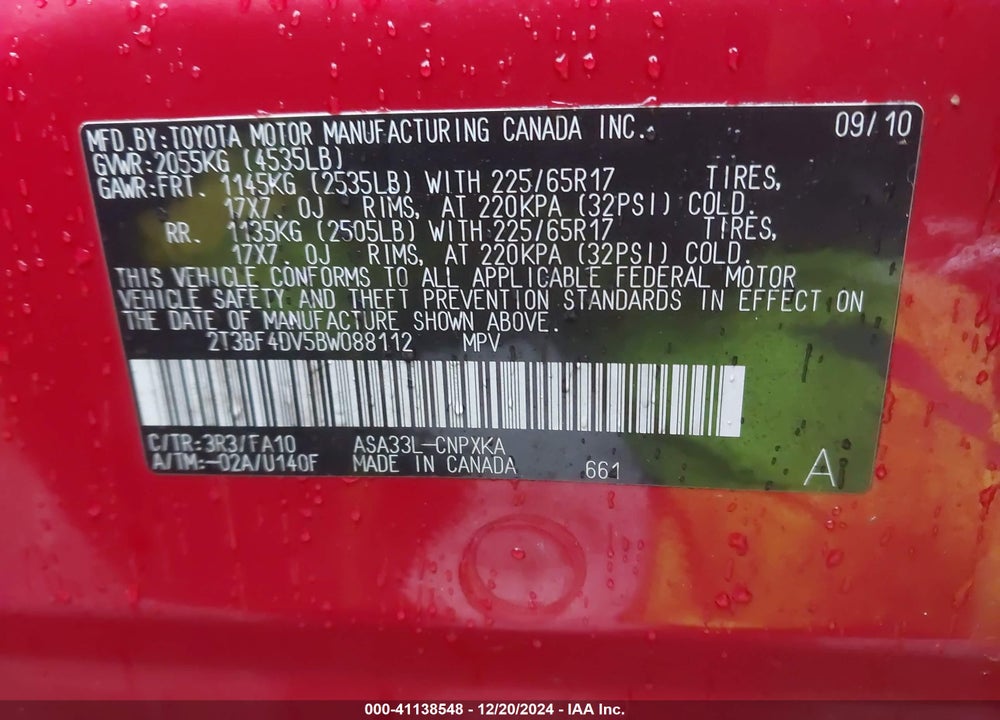 2011 TOYOTA RAV4 VIN: 2T3BF4DV5BW088112