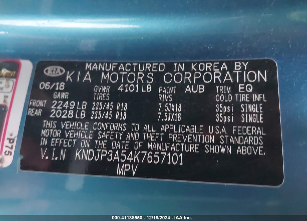 2019 KIA SOUL VIN: KNDJP3A54K7657101