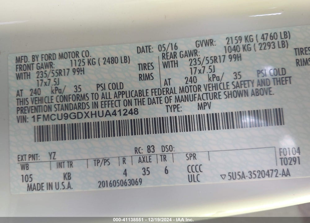 2017 FORD ESCAPE SE VIN: 1FMCU9GDXHUA41248