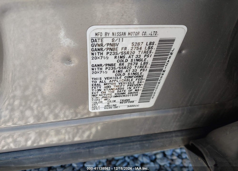 2012 NISSAN MURANO LE VIN: JN8AZ1MW8CW201536
