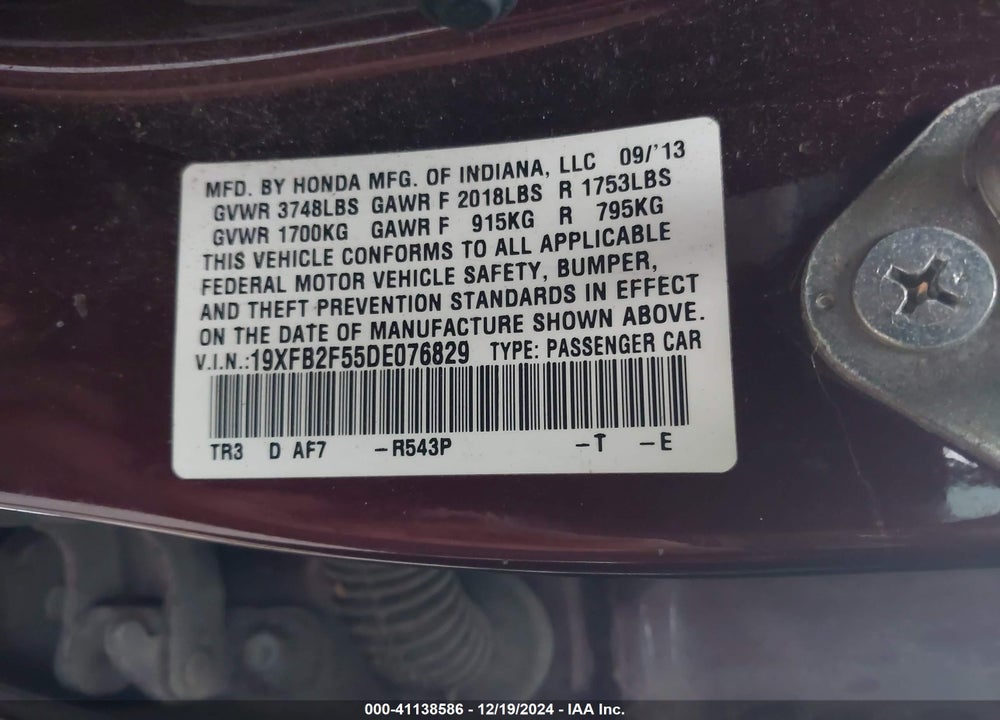 2013 HONDA CIVIC LX VIN: 19XFB2F55DE076829