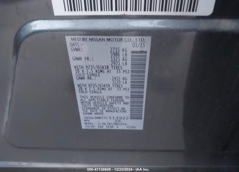 2015 INFINITI QX60 VIN: 5N1AL0MM7FC513922