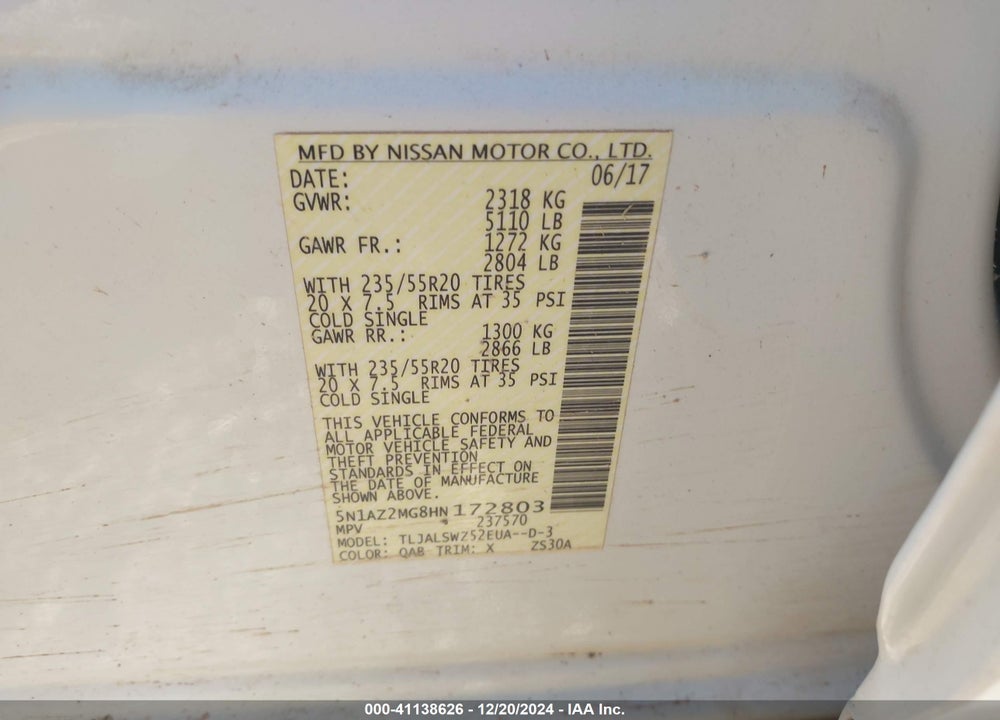 2017 NISSAN MURANO PLATINUM VIN: 5N1AZ2MG8HN172803
