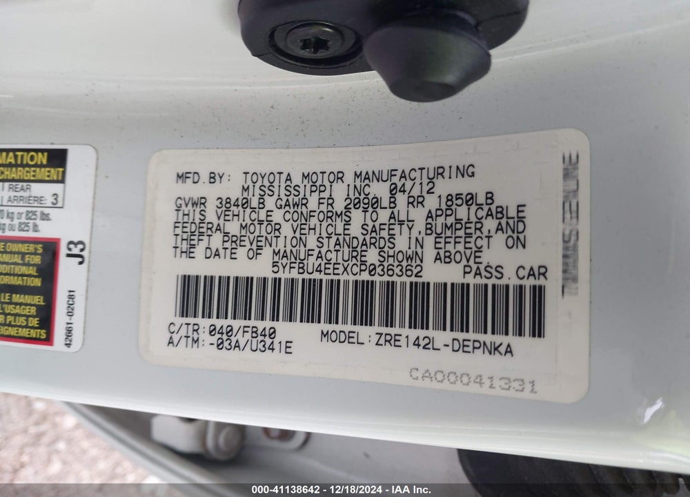 2012 TOYOTA COROLLA VIN: 5YFBU4EEXCP036362