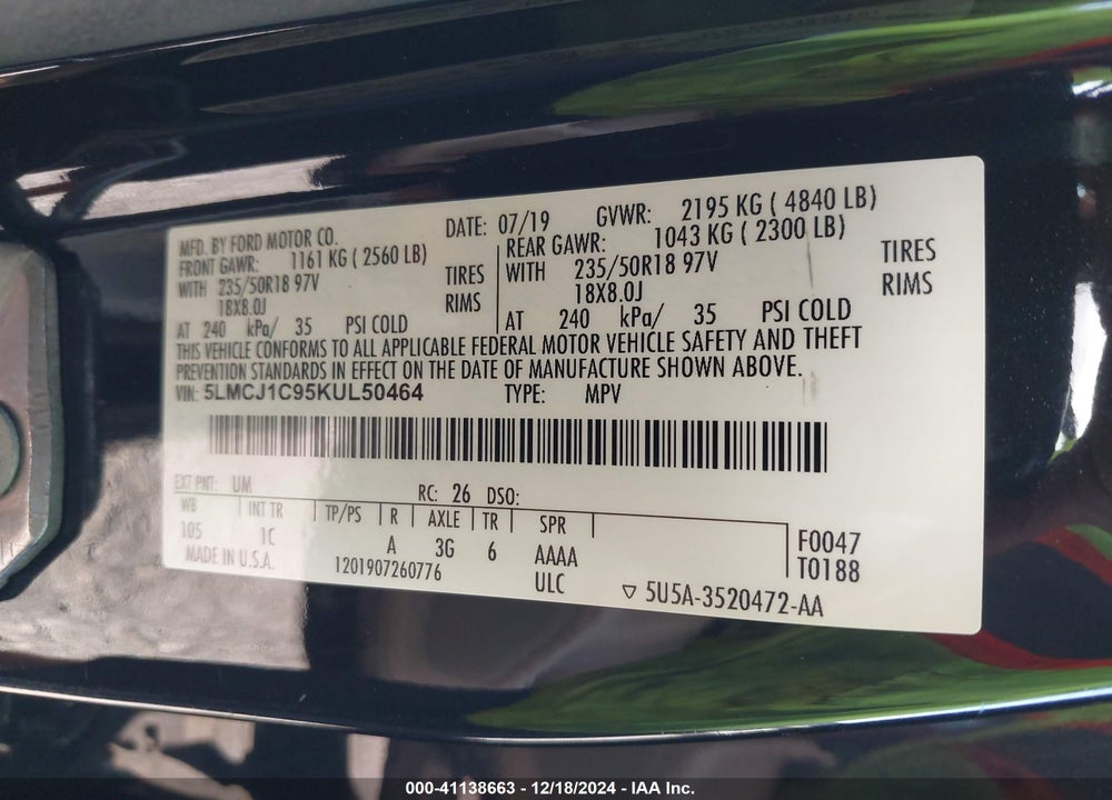 2019 LINCOLN MKC STANDARD VIN: 5LMCJ1C95KUL50464
