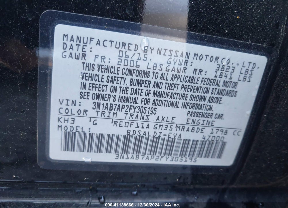 2015 NISSAN SENTRA SV VIN: 3N1AB7AP2FY305195