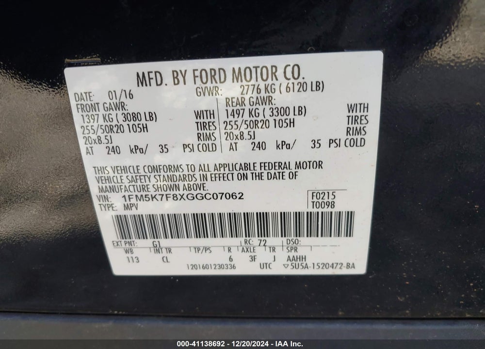 2016 FORD EXPLORER LIMITED VIN: 1FM5K7F8XGGC07062