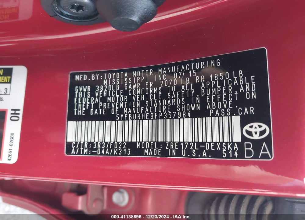 2015 TOYOTA COROLLA S PLUS VIN: 5YFBURHE9FP357984