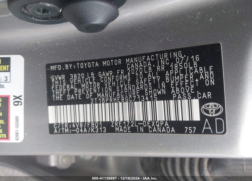 2016 TOYOTA COROLLA LE ECO VIN: 2T1BPRHE8GC713415