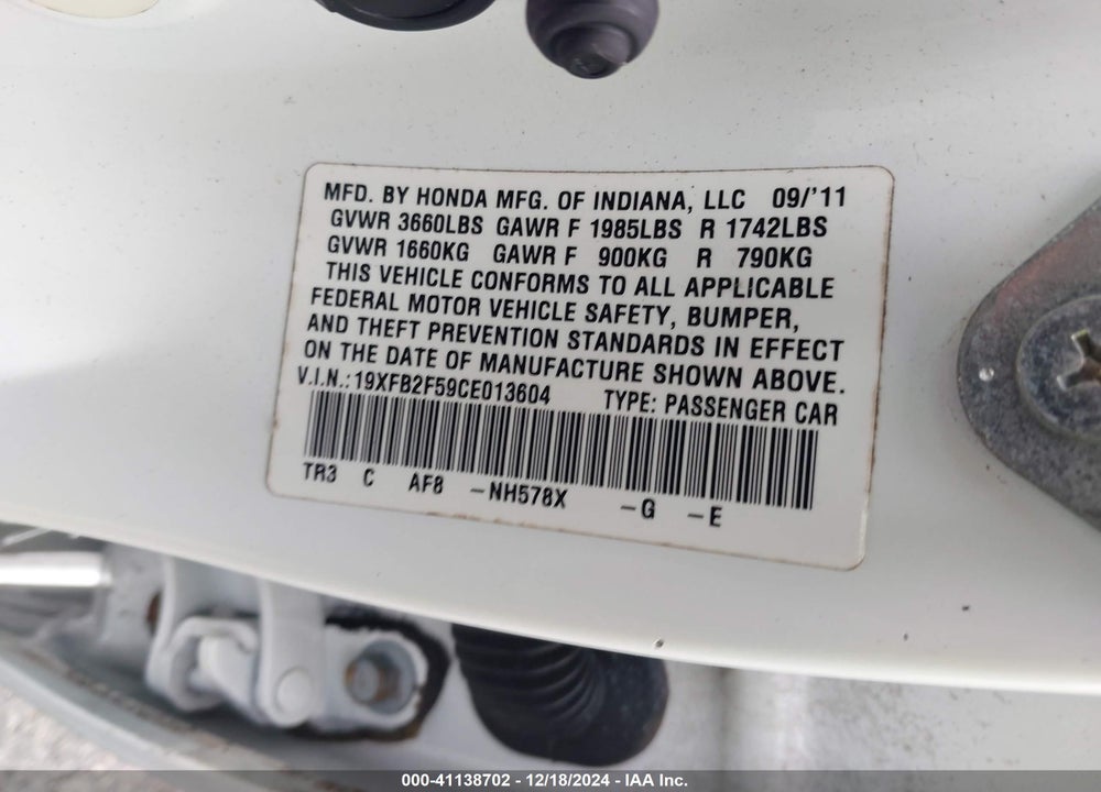 2012 HONDA CIVIC SDN LX VIN: 19XFB2F59CE013604