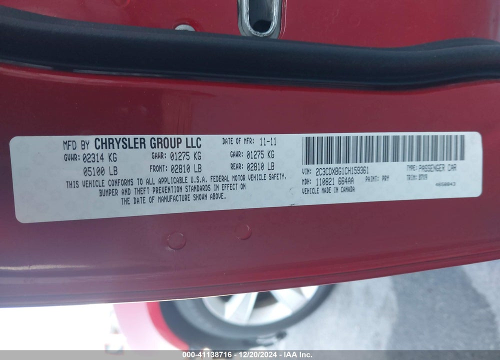 2012 DODGE CHARGER SE VIN: 2C3CDXBG1CH159361