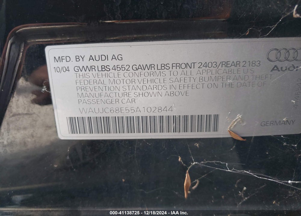 2005 AUDI A4 1.8T SPECIAL EDITION VIN: WAUJC68E55A102844
