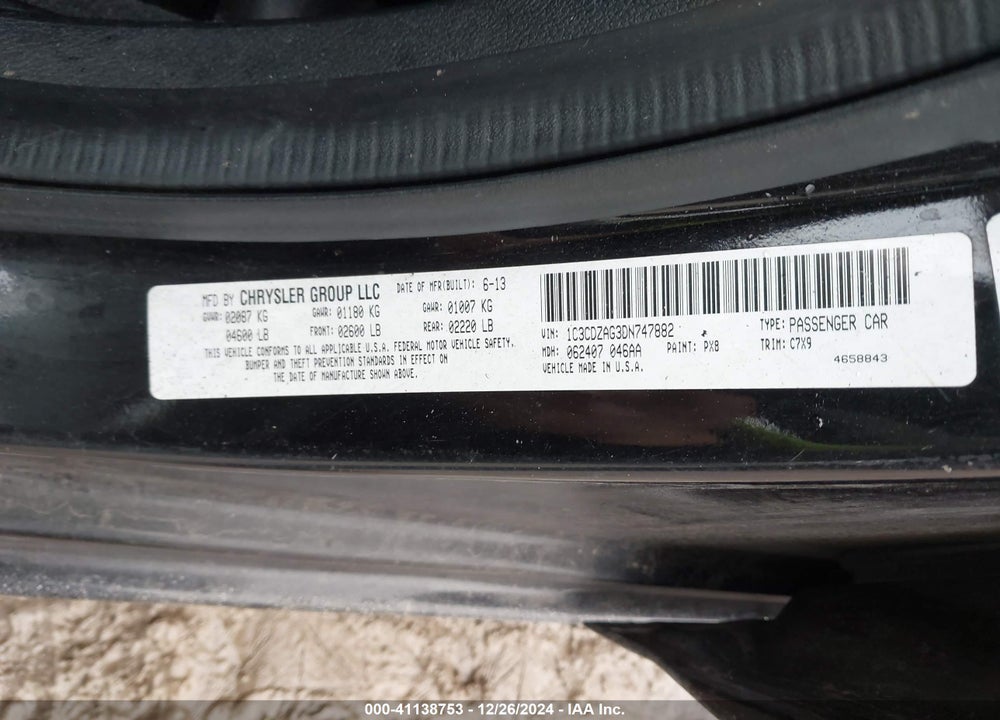 2013 DODGE AVENGER VIN: 1C3CDZAG3DN747882