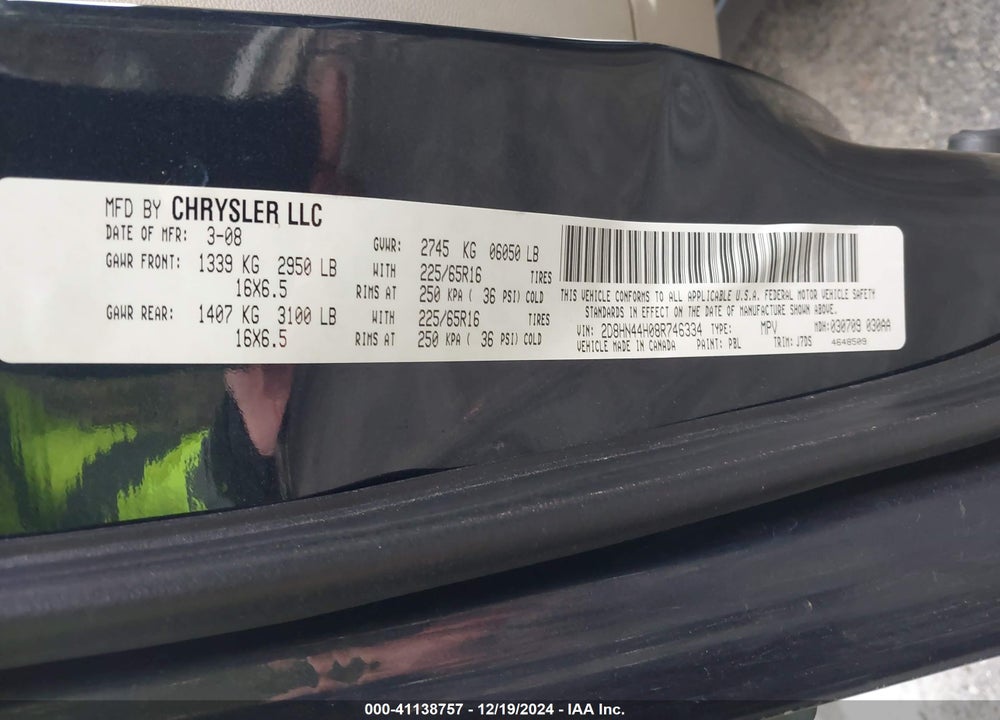 2008 DODGE GRAND CARAVAN SE VIN: 2D8HN44H08R746334