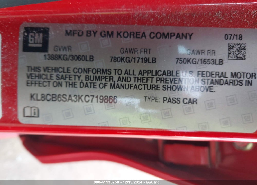 2019 CHEVROLET SPARK VIN: KL8CB6SA3KC719866