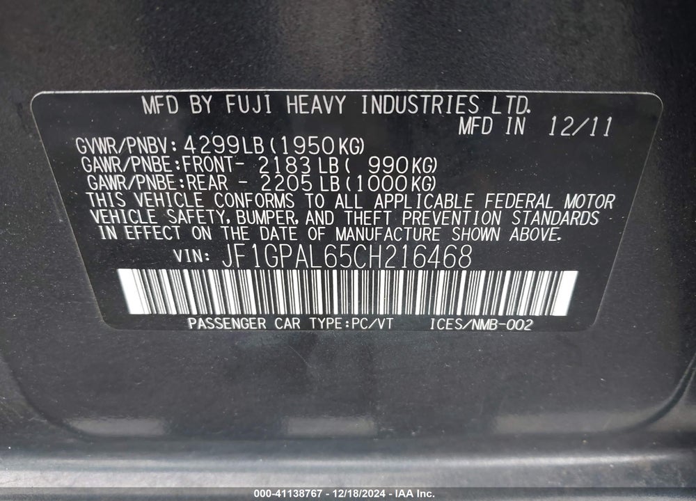 2012 SUBARU IMPREZA 2.0I SPORT PREMIUM VIN: JF1GPAL65CH216468