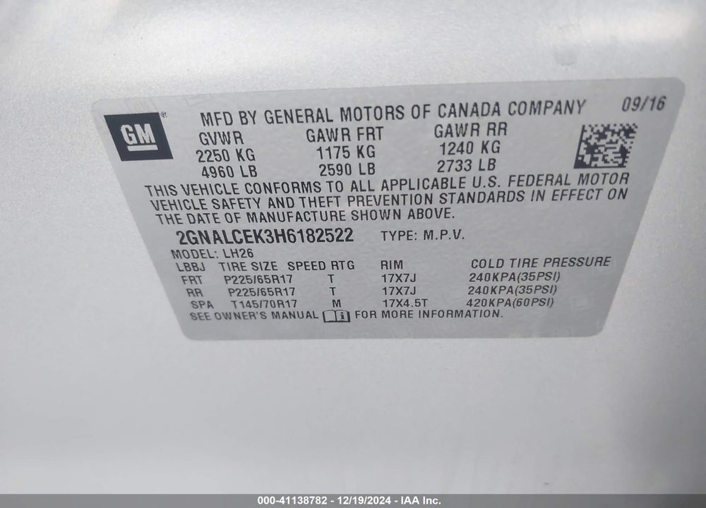 2017 CHEVROLET EQUINOX LT VIN: 2GNALCEK3H6182522