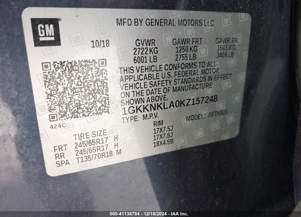 2019 GMC ACADIA SLE-1 VIN: 1GKKNKLA0KZ157248
