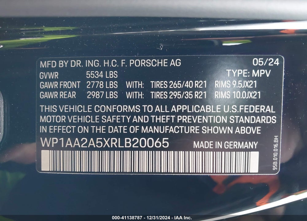 2024 PORSCHE MACAN T VIN: WP1AA2A5XRLB20065