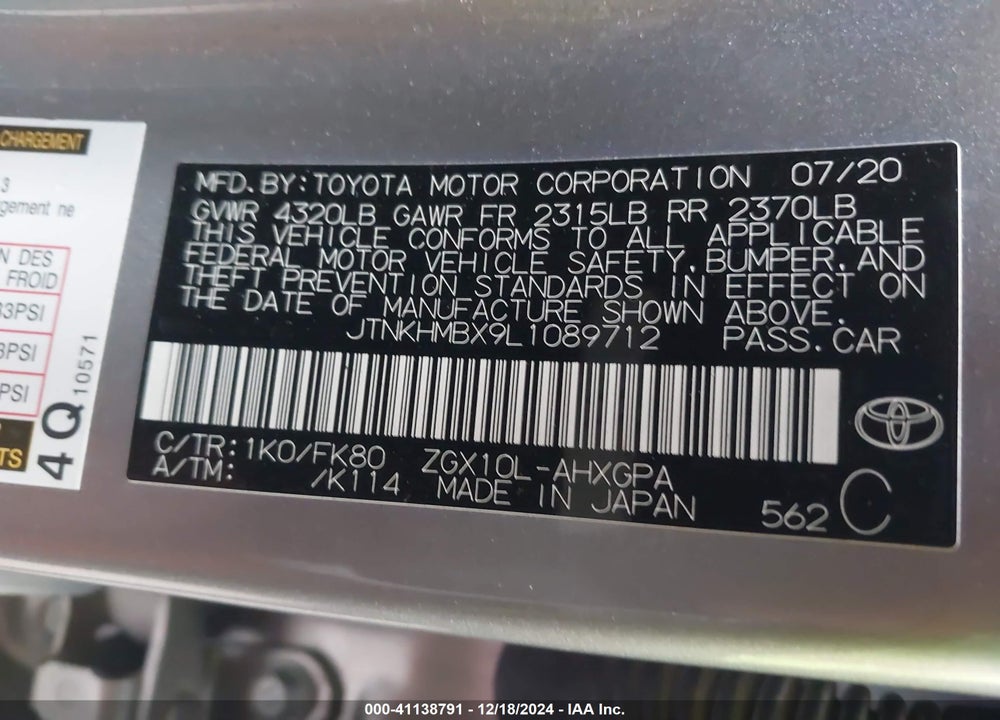 2020 TOYOTA C-HR XLE VIN: JTNKHMBX9L1089712
