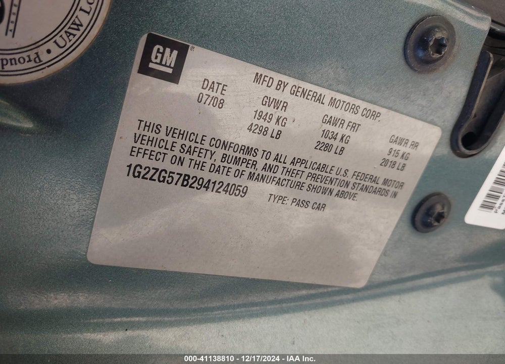 2009 PONTIAC G6 VIN: 1G2ZG57B294124059