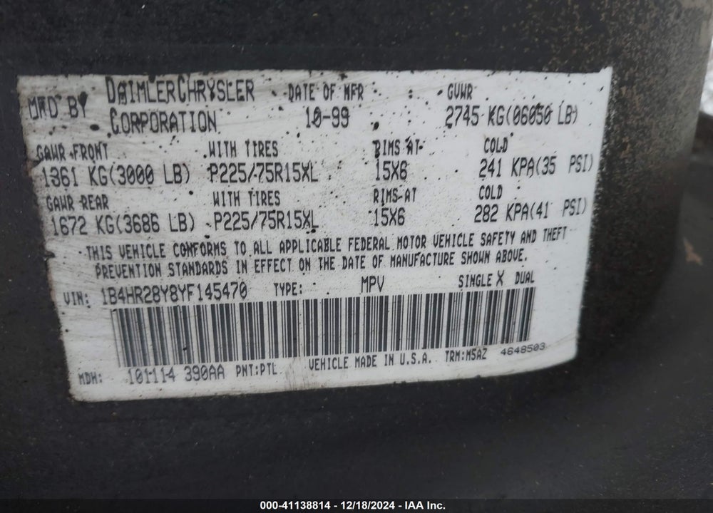 2000 DODGE DURANGO VIN: 1B4HR28Y8YF145470