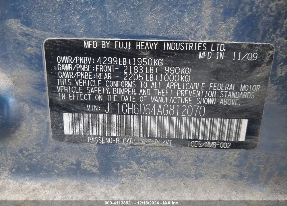 2010 SUBARU IMPREZA OUTBACK SPORT VIN: JF1GH6D64AG812070