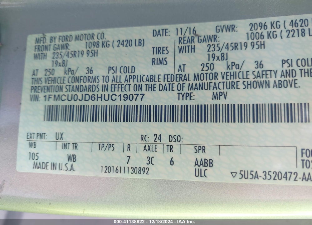 2017 FORD ESCAPE TITANIUM VIN: 1FMCU0JD6HUC19077