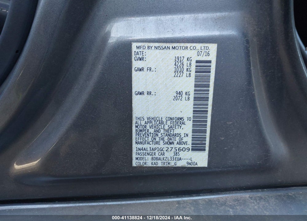 2016 NISSAN ALTIMA 2.5 SV VIN: 1N4AL3AP1GC275609