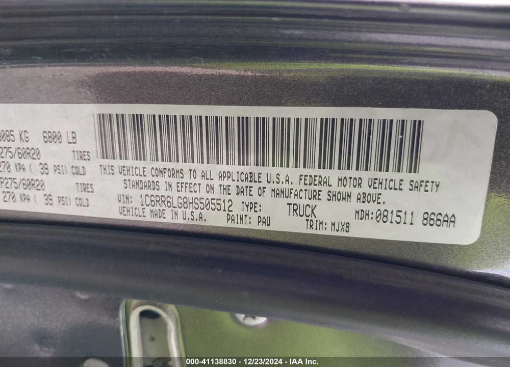 2017 RAM 1500 VIN: 1C6RR6LG8HS505512