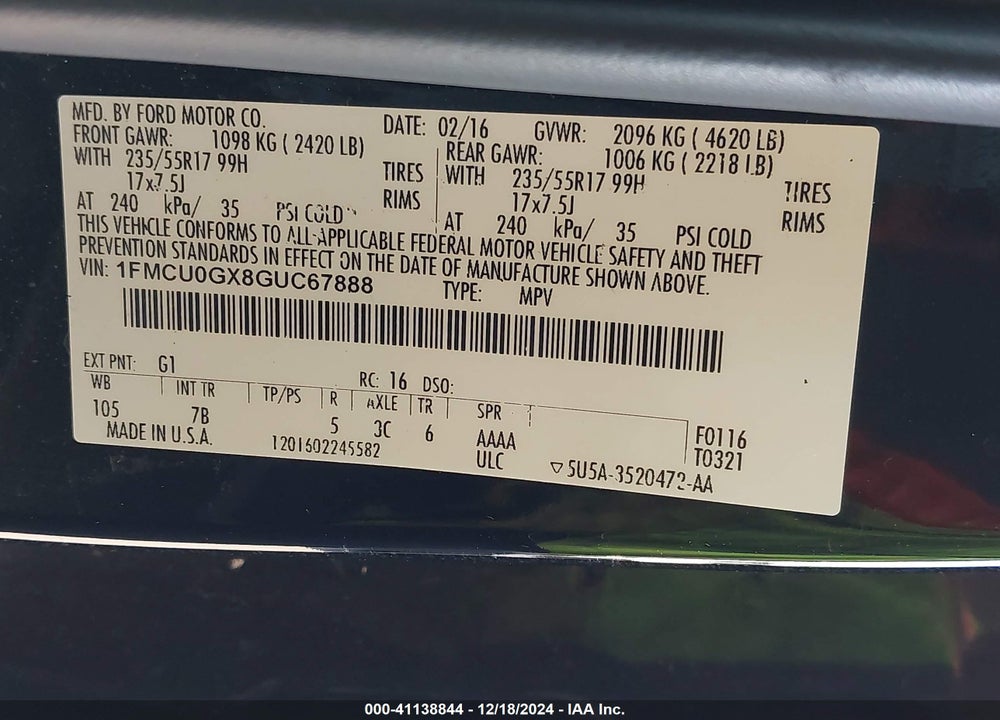 2016 FORD ESCAPE SE VIN: 1FMCU0GX8GUC67888