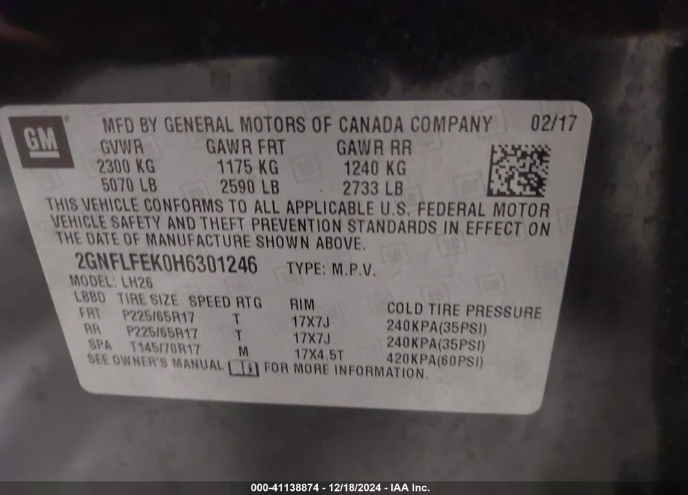 2017 CHEVROLET EQUINOX LT VIN: 2GNFLFEK0H6301246