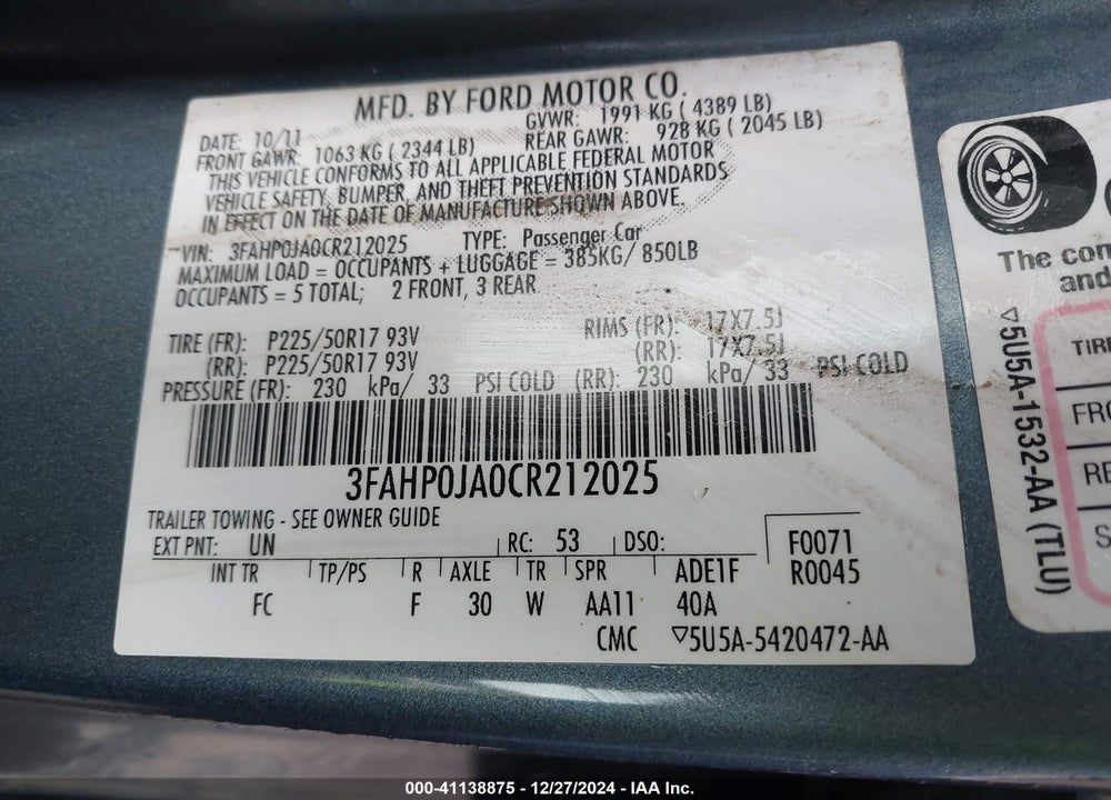 2012 FORD FUSION SEL VIN: 3FAHP0JA0CR212025