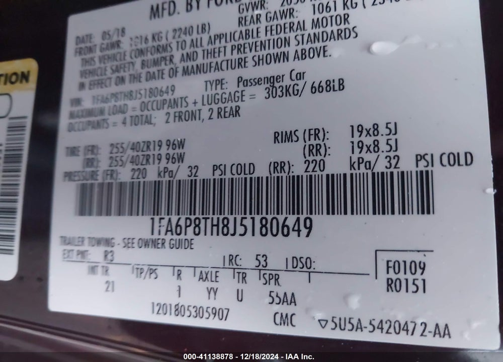 2018 FORD MUSTANG ECOBOOST VIN: 1FA6P8TH8J5180649