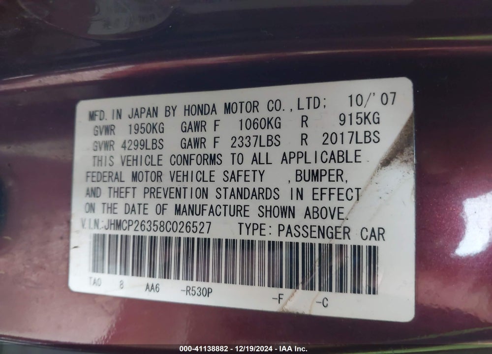 2008 HONDA ACCORD 2.4 LX VIN: JHMCP26358C026527