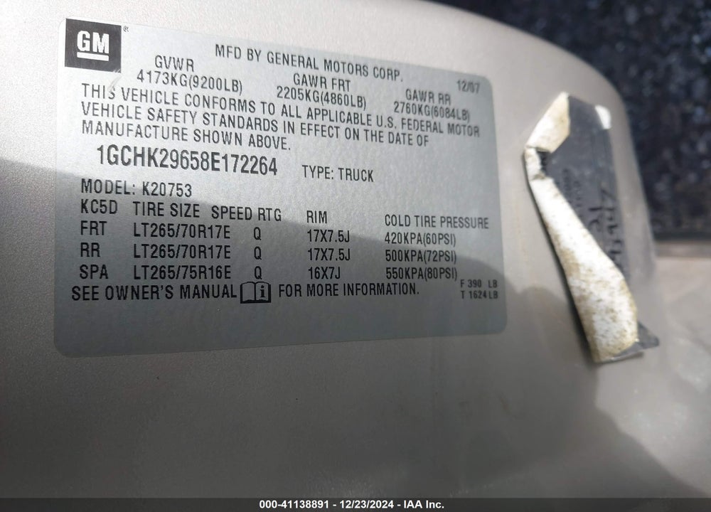 2008 CHEVROLET SILVERADO 2500HD LT2 VIN: 1GCHK29658E172264