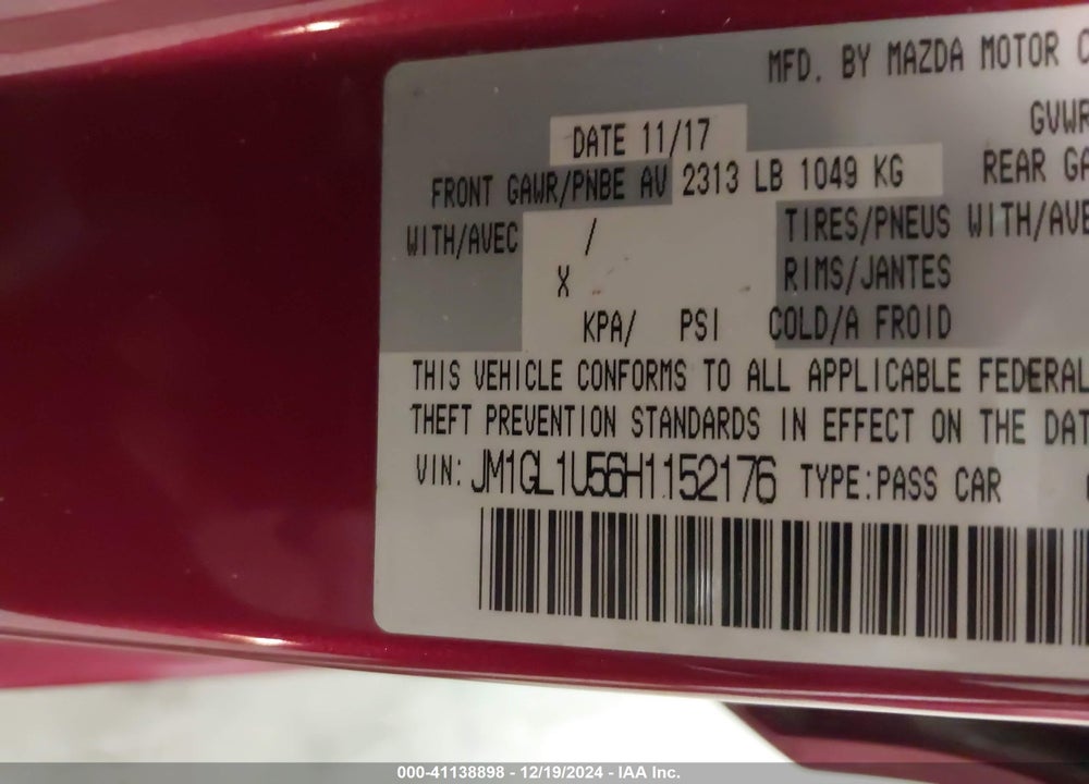 2017 MAZDA MAZDA6 VIN: JM1GL1U56H1152176