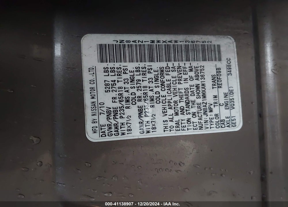 2010 NISSAN MURANO SL VIN: JN8AZ1MWXAW136752