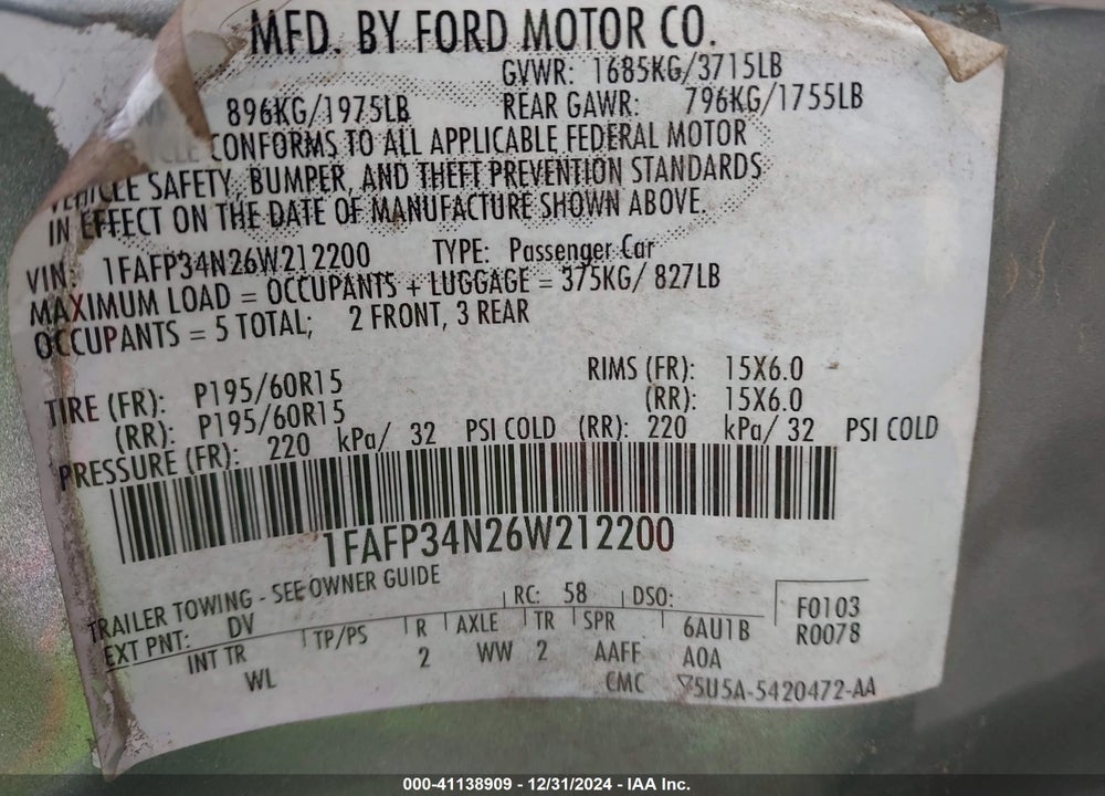 2006 FORD FOCUS ZX4 VIN: 1FAFP34N26W212200